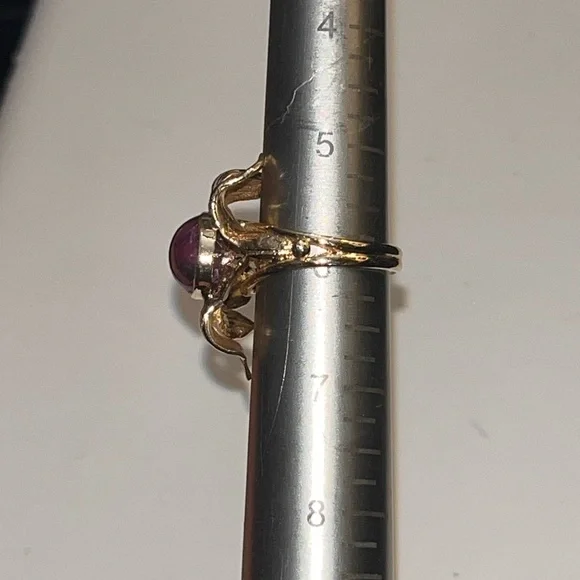 ANTIQUE 14K YELLOW GOLD MASSIVE RING "FLOWER" with "RED STAR"-RUBY, ART NOUVEAU - Picture 8 of 12